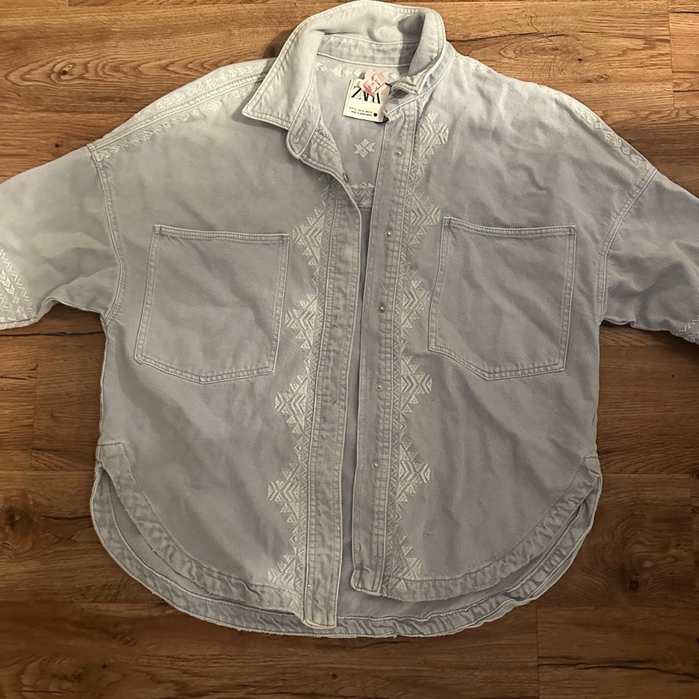 Zara Light Gray Embroidered Casual Shirt